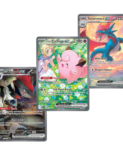 Three Pokémon TCG cards from the Journey Together set displayed together: the Lillie's Clefairy Secret Rare, the Salamence Holo Rare, and the N's Zoroark Secret Rare.
