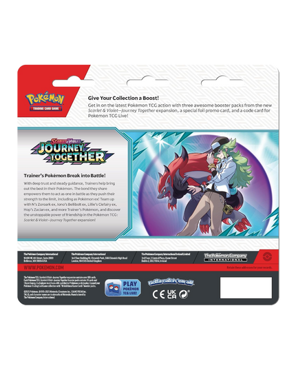 The back of the Journey Together blister, showing 3 Pokémon TCG booster packs and the Yanmega and Scrafty foil promo cards