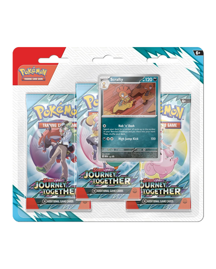The Pokémon TCG: Scarlet & Violet—Journey Together 3-Pack Blister, featuring the exclusive foil promo card of the Fighting-type Pokémon Scrafty.