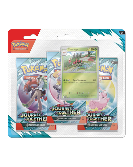 The Pokémon TCG: Scarlet & Violet—Journey Together 3-Pack Blister, featuring the exclusive foil promo card of the Bug-type Pokémon Yanmega.
