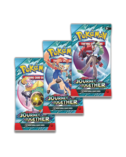 Three packs of Pokémon Trading Card Game 'Journey Together' on a transparent background, showing off all the different art styles.