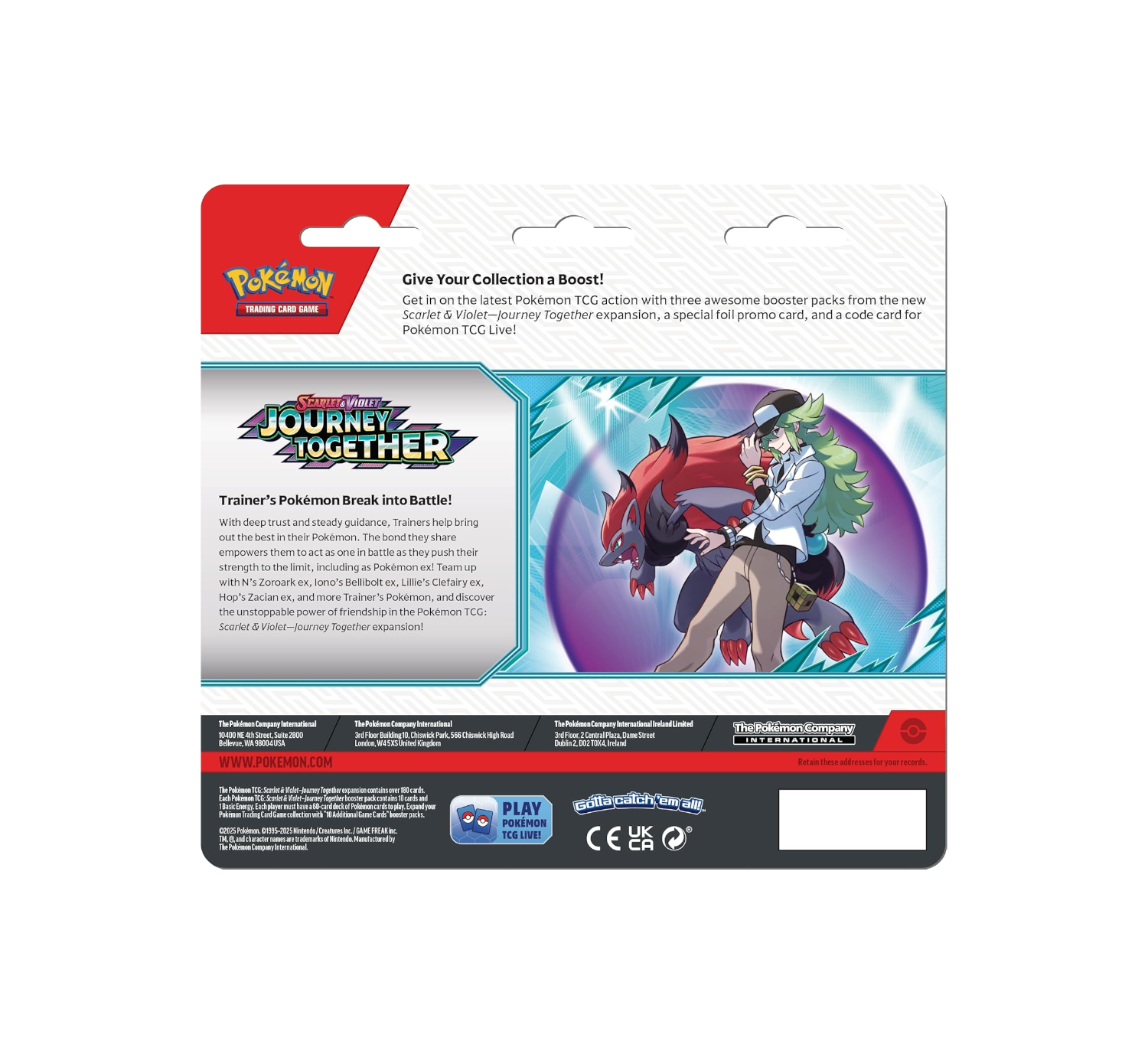 The back of the Journey Together blister, showing 3 Pokémon TCG booster packs and the Yanmega and Scrafty foil promo cards