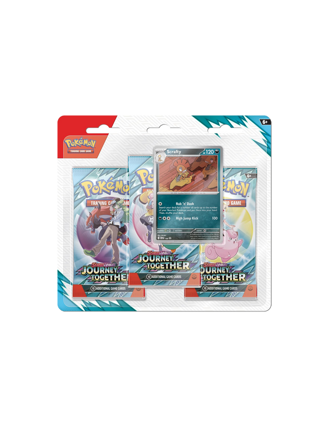 The Pokémon TCG: Scarlet & Violet—Journey Together 3-Pack Blister, featuring the exclusive foil promo card of the Fighting-type Pokémon Scrafty.