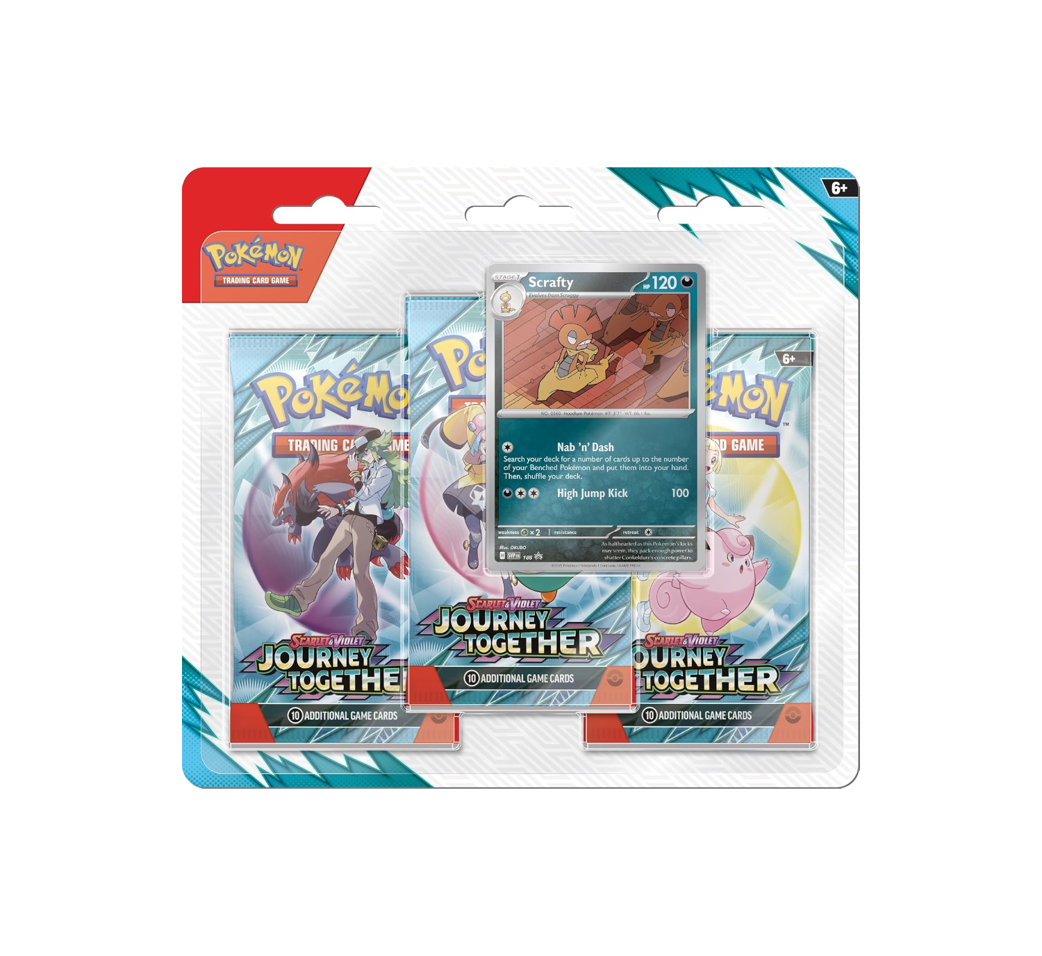 The Pokémon TCG: Scarlet & Violet—Journey Together 3-Pack Blister, featuring the exclusive foil promo card of the Fighting-type Pokémon Scrafty.