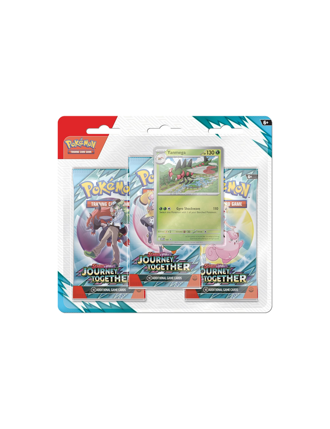 The Pokémon TCG: Scarlet & Violet—Journey Together 3-Pack Blister, featuring the exclusive foil promo card of the Bug-type Pokémon Yanmega.