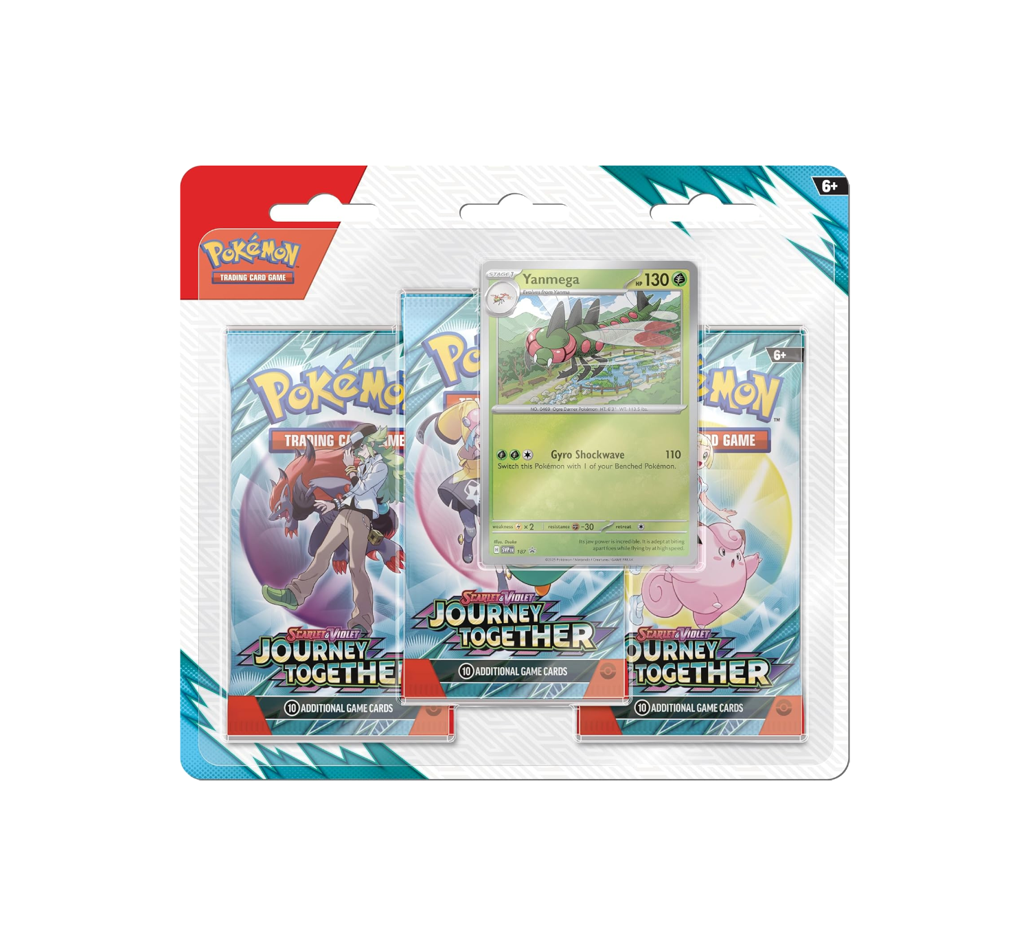 The Pokémon TCG: Scarlet & Violet—Journey Together 3-Pack Blister, featuring the exclusive foil promo card of the Bug-type Pokémon Yanmega.