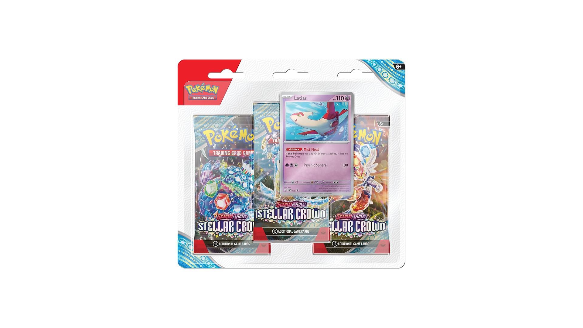 The Pokémon TCG: Scarlet & Violet—Stellar Crown 3-Pack Blister, sealed in its packaging, featuring the exclusive foil promo card of the Legendary Pokémon Latias.