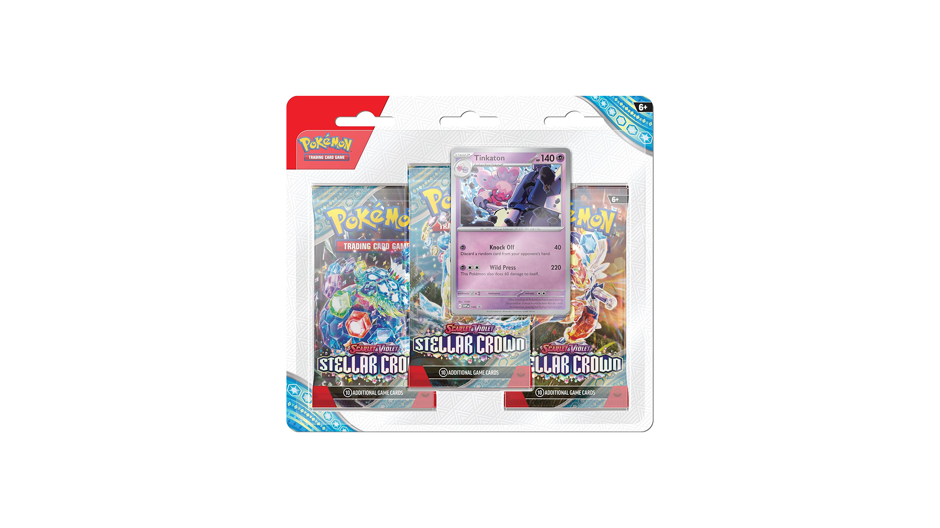 The Pokémon TCG: Scarlet & Violet—Stellar Crown 3-Pack Blister, sealed in its packaging, featuring the exclusive foil promo card of the powerful Pokémon Tinkaton.