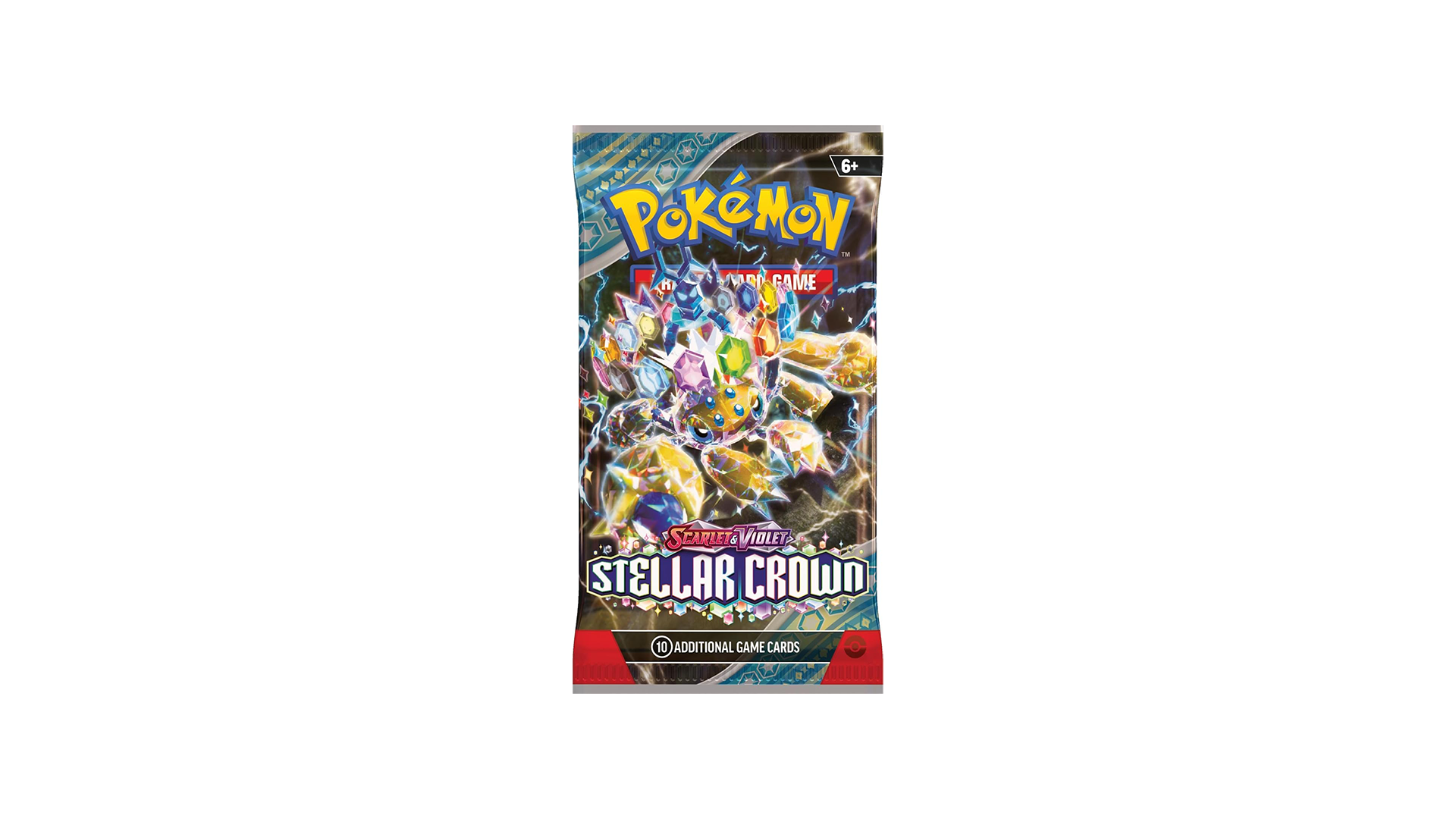 A close-up of a Stellar Crown booster pack, showing the detailed artwork of the legendary Pokémon Galavantula