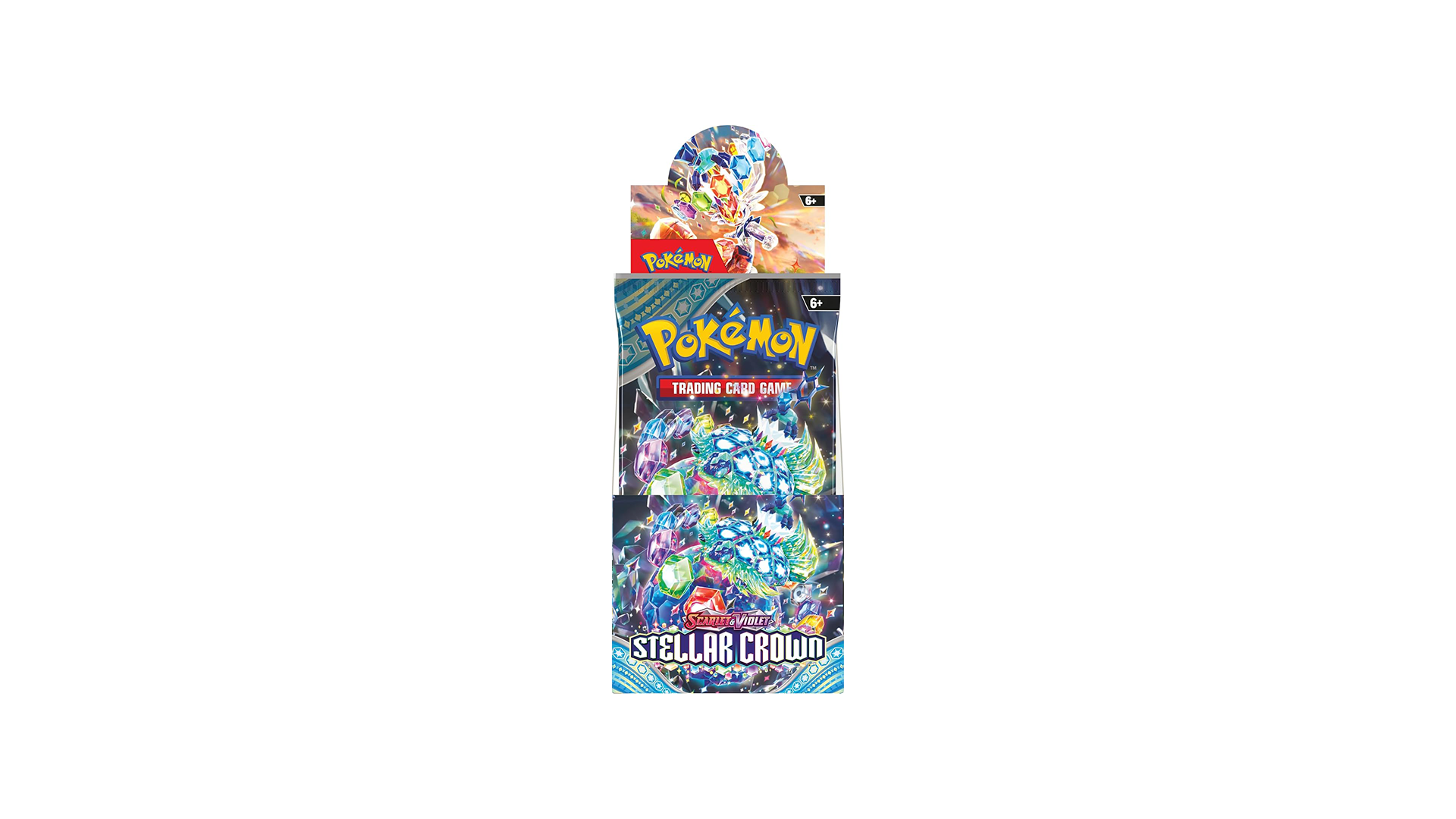 A sealed Pokémon TCG: Scarlet & Violet—Stellar Crown half booster box, containing 18 booster packs.