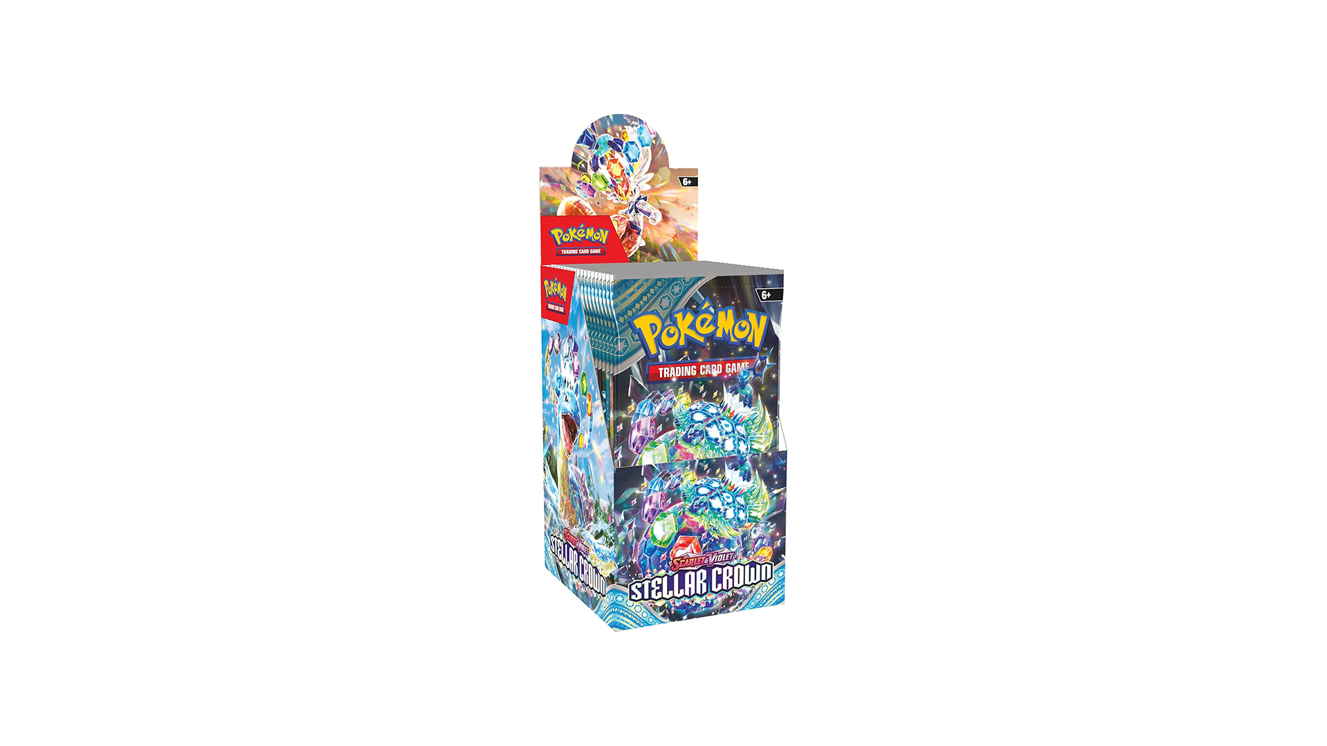 A sealed Pokémon TCG: Scarlet & Violet—Stellar Crown half booster box, containing 18 booster packs.