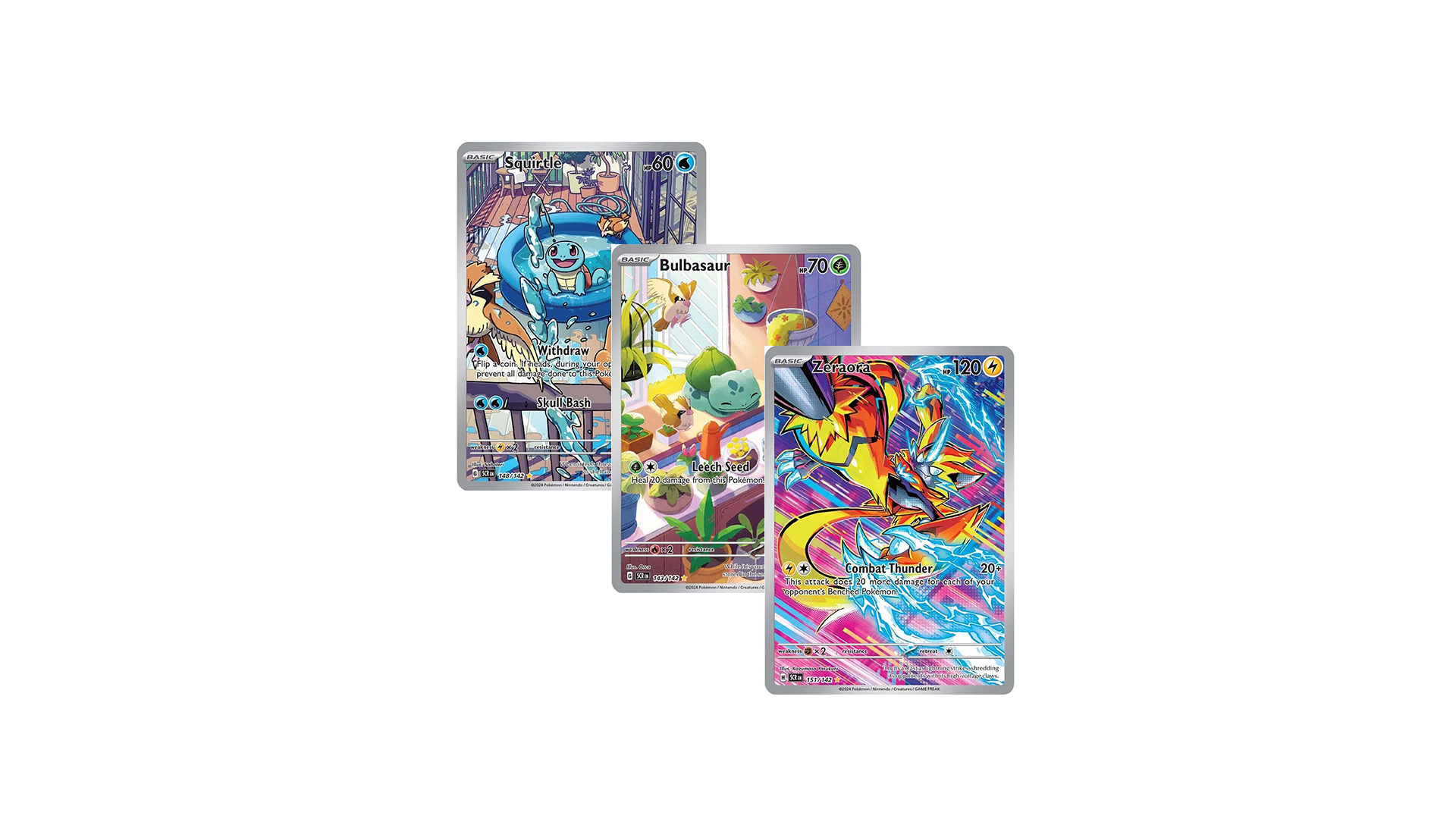 The contents of the Stellar Crown booster pack, showing the best cards that are available in this booster packs fanned out.