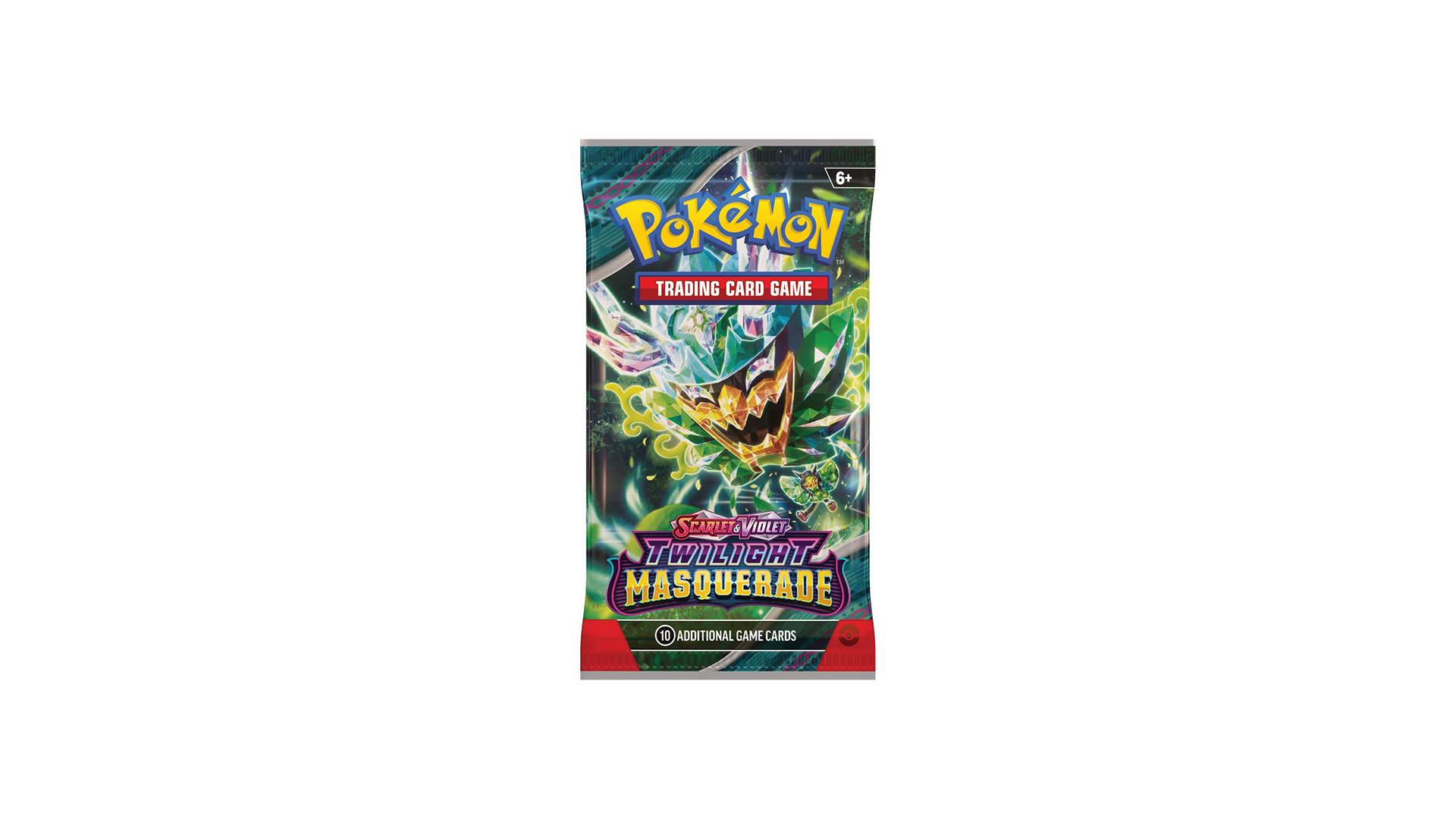A close-up of a single Twilight Masquerade booster pack, showing the detailed artwork of the legendary Pokémon Ogerpon