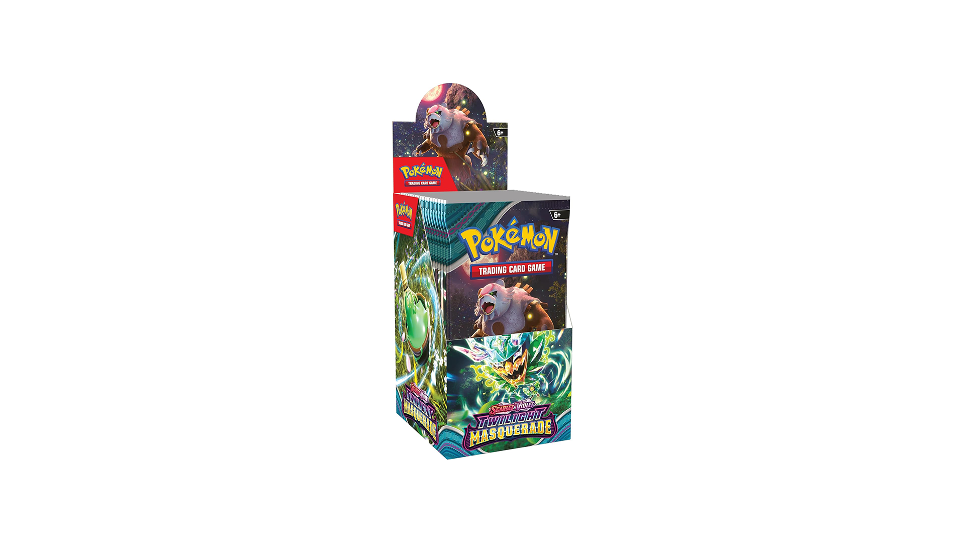 A sealed Pokémon TCG: Scarlet & Violet—Twilight Masquerade half booster box, containing 18 booster packs, featuring artwork of Ogerpon.