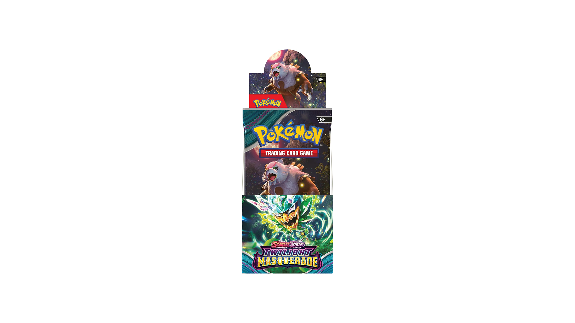 A sealed Pokémon TCG: Scarlet & Violet—Twilight Masquerade half booster box, containing 18 booster packs, featuring artwork of Ogerpon.
