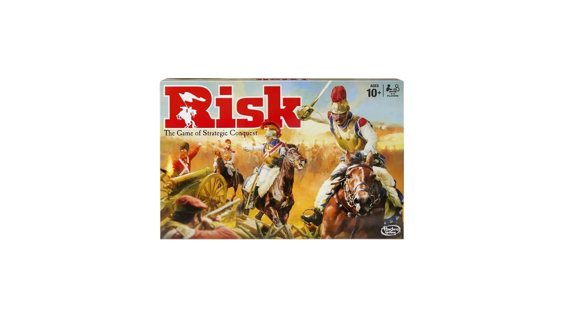 The front of the box for the classic Hasbro Gaming Risk board game, showing the 'Game of Strategic Conquest' subtitle and artwork of a historical battle.