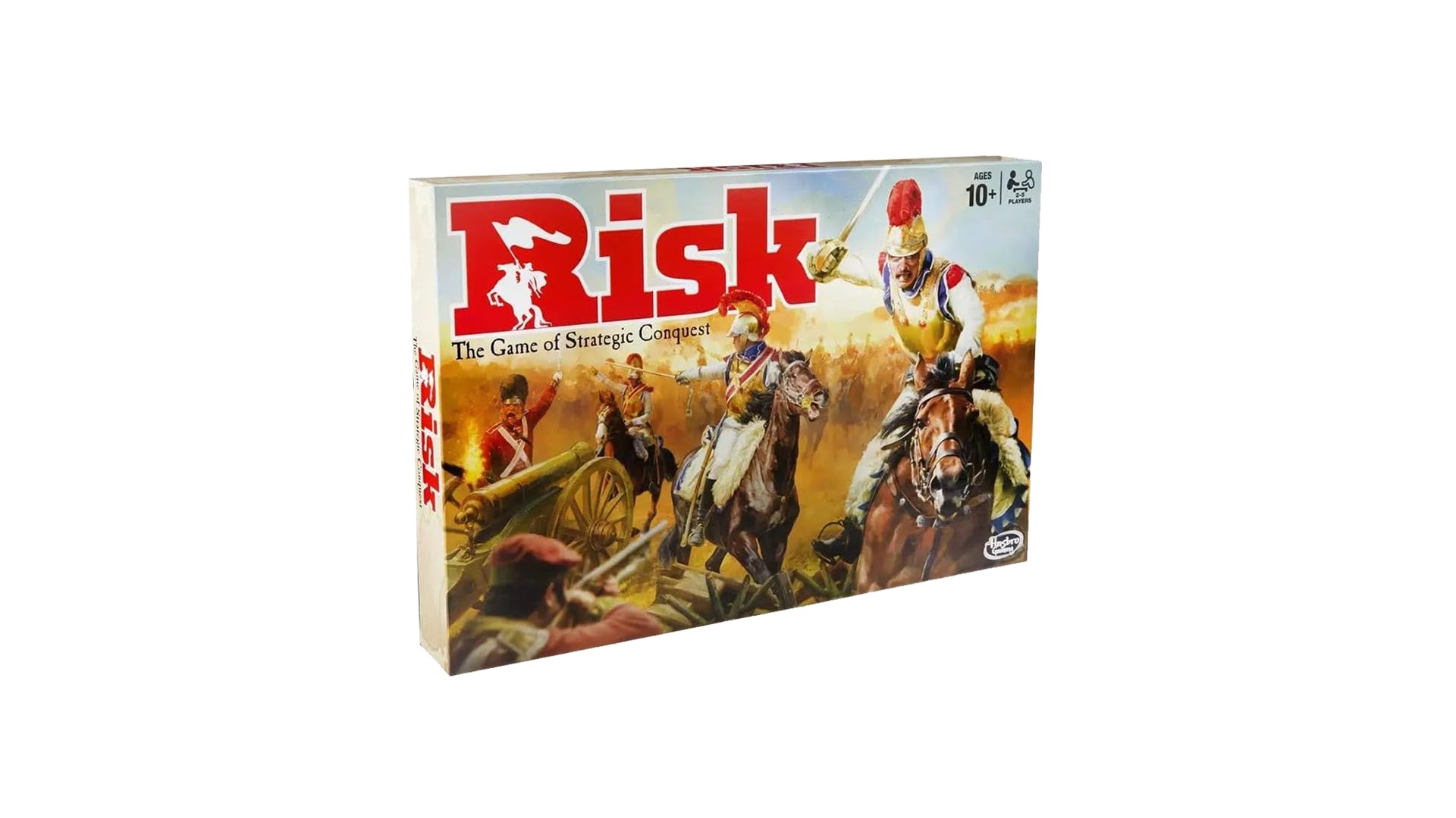 An angled, three-quarter view of the Risk board game box, displaying the front artwork and the side panel with the game's logo.